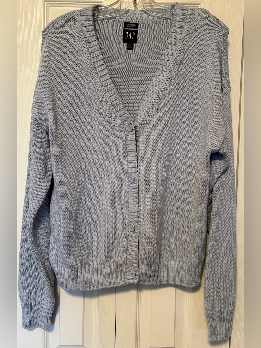 GAP Pastel Baby Blue Ribbed V-Neck Button Front Cardigan Sweater Size Large Tall